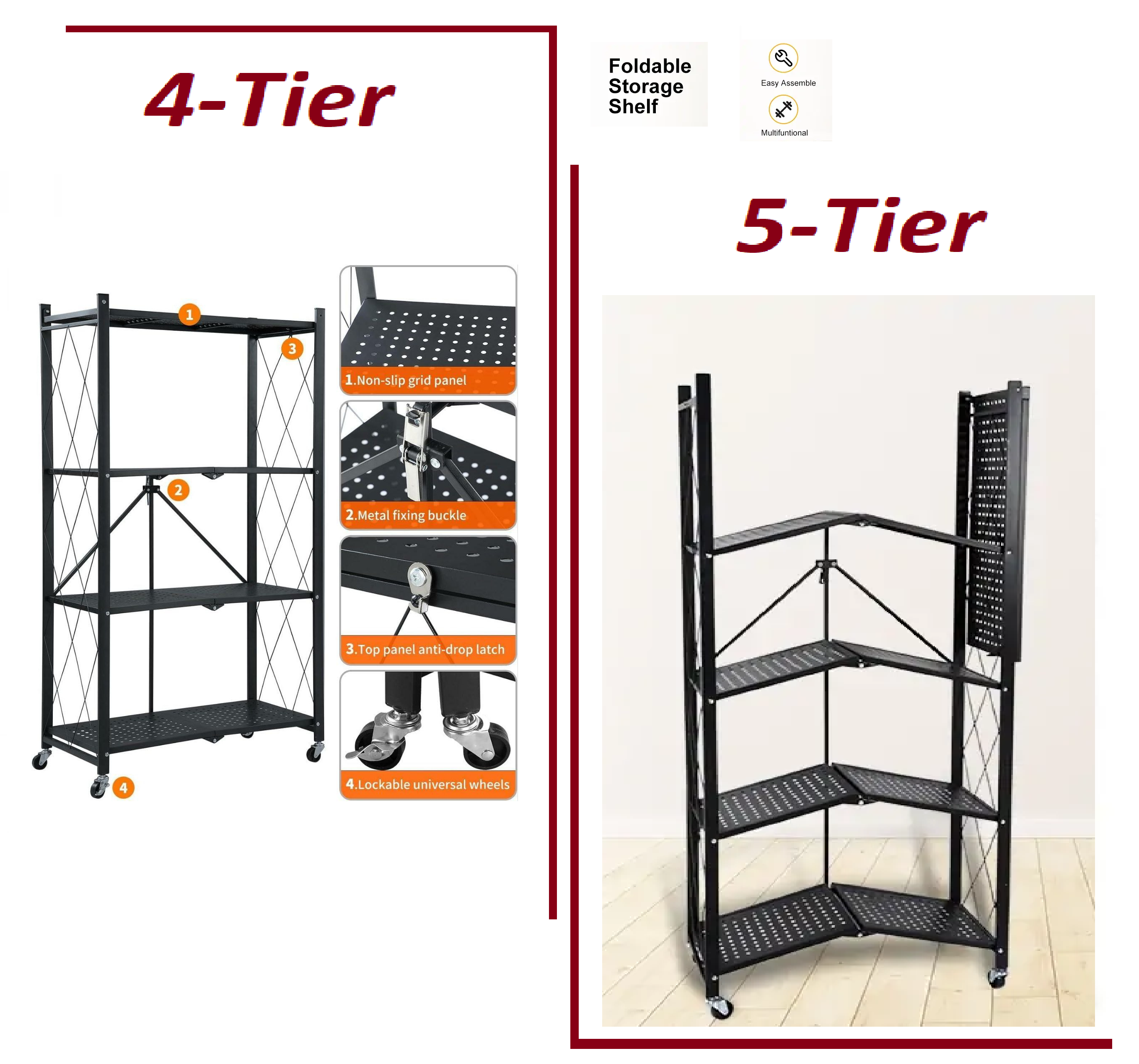 Metallic Storage Shelving Unit Shelf, Foldable Storage Shelf with Wheels, Garage Shelf, Metal Storage Rack, Kitchen Shelf with 4 Hooks, No Assemble Require