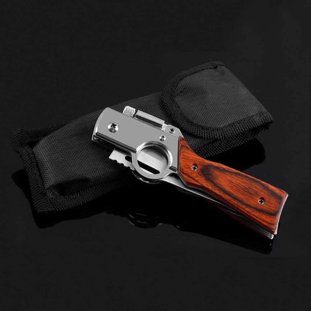 AK47 Flipper Pocket Folding Knife Push Button Lock Knife, Stainless Steel Blade, Wooden Handle and Pocket Clip, Protable Knife with LED Light for Men's Gift, Camping Survival EDC Knives