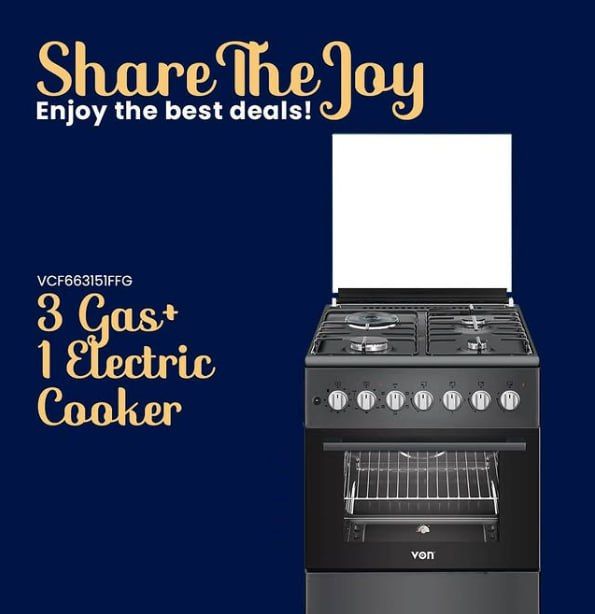 Von Cooker 3 Gas + 1 Electric Hotplate Electric Oven 58 by 58