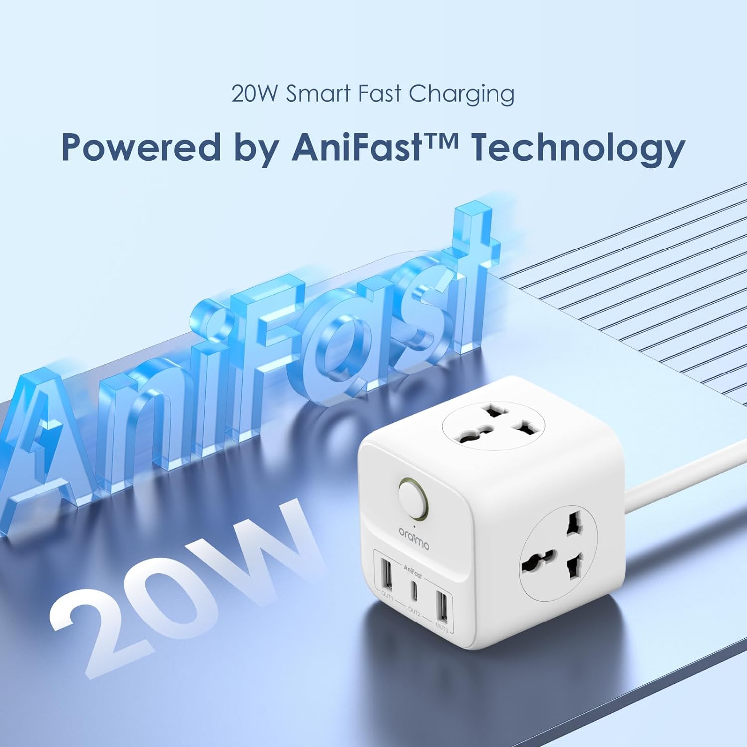 Oraimo Power Hub C 6-In-1 Cube Extension Boards with 3 Universal Socket, 2 USB and 1 Type C Fast Charging Port, 20W PD3.0 Quick Charge Desktop Charging Station with 1.5 M Power Cord Multi Protection