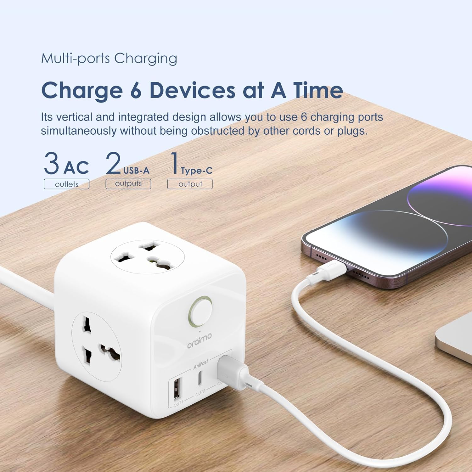 Oraimo Power Hub C 6-In-1 Cube Extension Boards with 3 Universal Socket, 2 USB and 1 Type C Fast Charging Port, 20W PD3.0 Quick Charge Desktop Charging Station with 1.5 M Power Cord Multi Protection