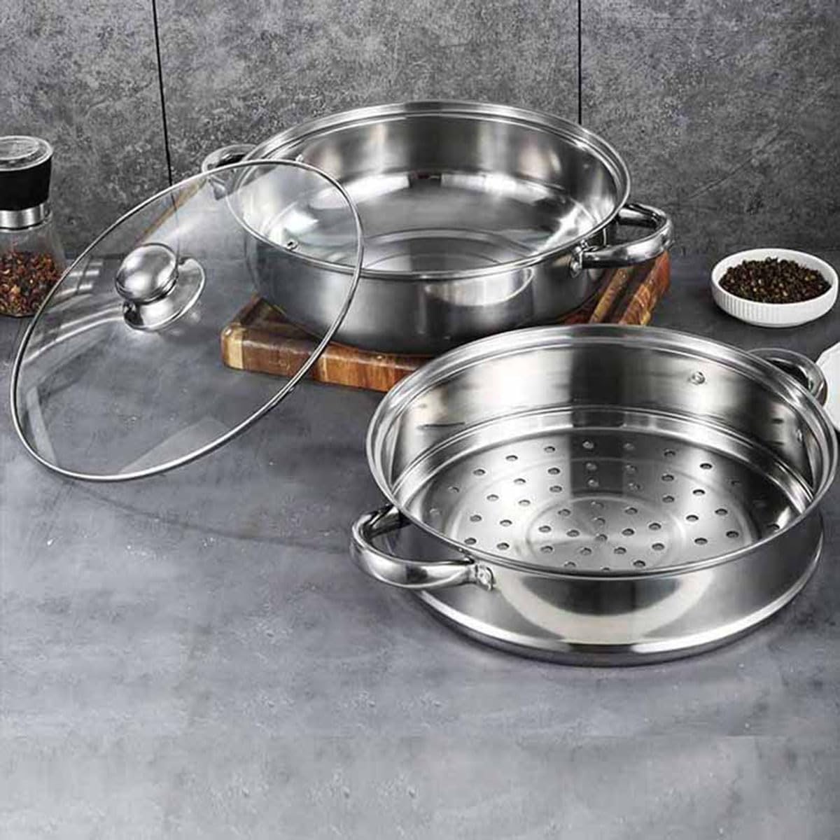 2 Tier Steamer Pot Stainless Steel 2 Ltrs - Steam Pot with Glass Lid Food Vegetable Cooker Pot Cooking Pan Steaming Pot Dim Sum Cookware Steamer For Kitchen Cooking