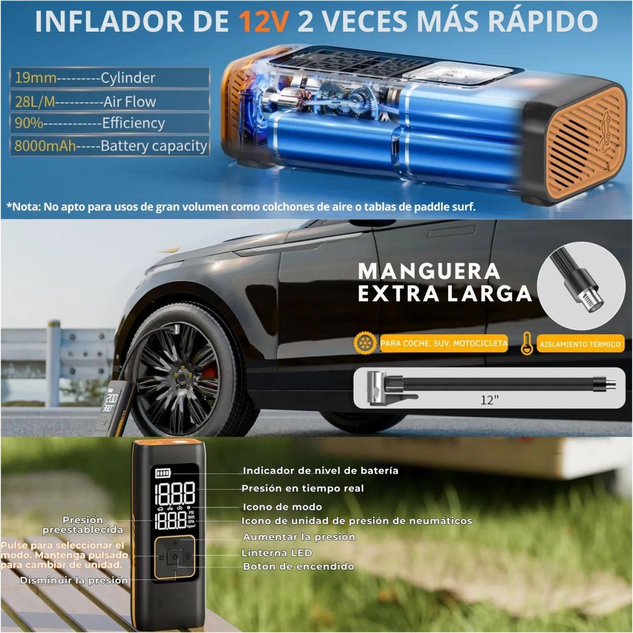 5-in-1 Car Jump Starter with 150PSI Inflator + Power Bank + LED Flashlight and 8000mAh LCD Digital Display