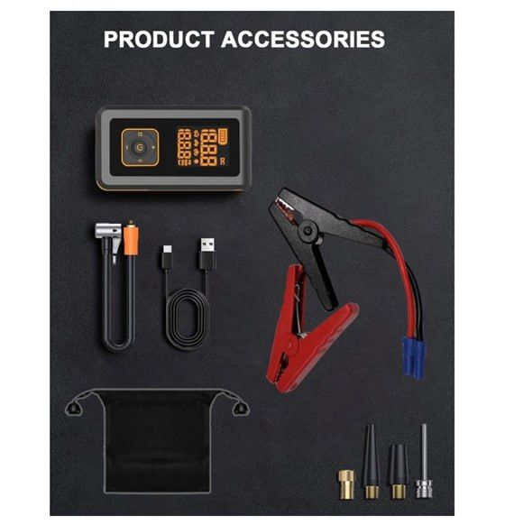 7-in-1 multi-function car jump starter with Powerbank, flashlight, compressor, pressure gauge and quick start function. Ideal for car emergencies and camping. Portable, powerful