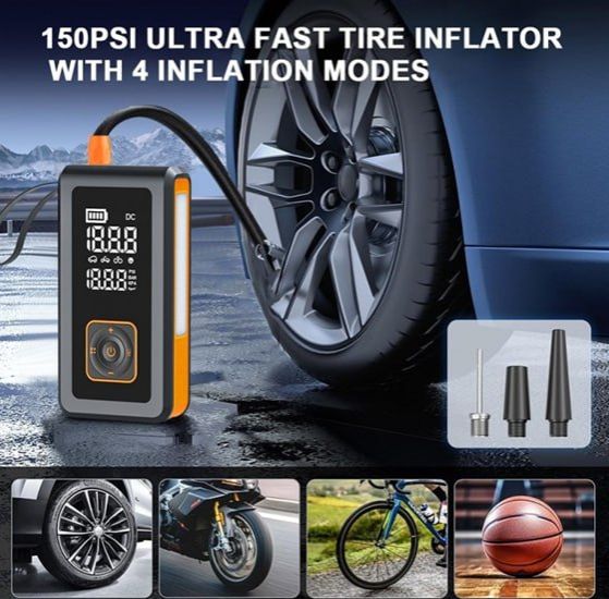 7-in-1 multi-function car jump starter with Powerbank, flashlight, compressor, pressure gauge and quick start function. Ideal for car emergencies and camping. Portable, powerful