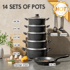 Jamespot Set of 14PCS  Die Cast Set  Iron Heavy  Non-stick Cookware Set  Sufuria Set cooking pot set (5PCS  18/20/22/24/26cm Pots+5pcs Lids+1pc Pan+3pcs Accessories) Suitable for induction cookers