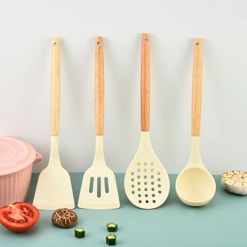 Wooden handle silicone spatula 4-piece set non-stick pan special food grade kitchenware set spatula spoon cooking spoon household spoon