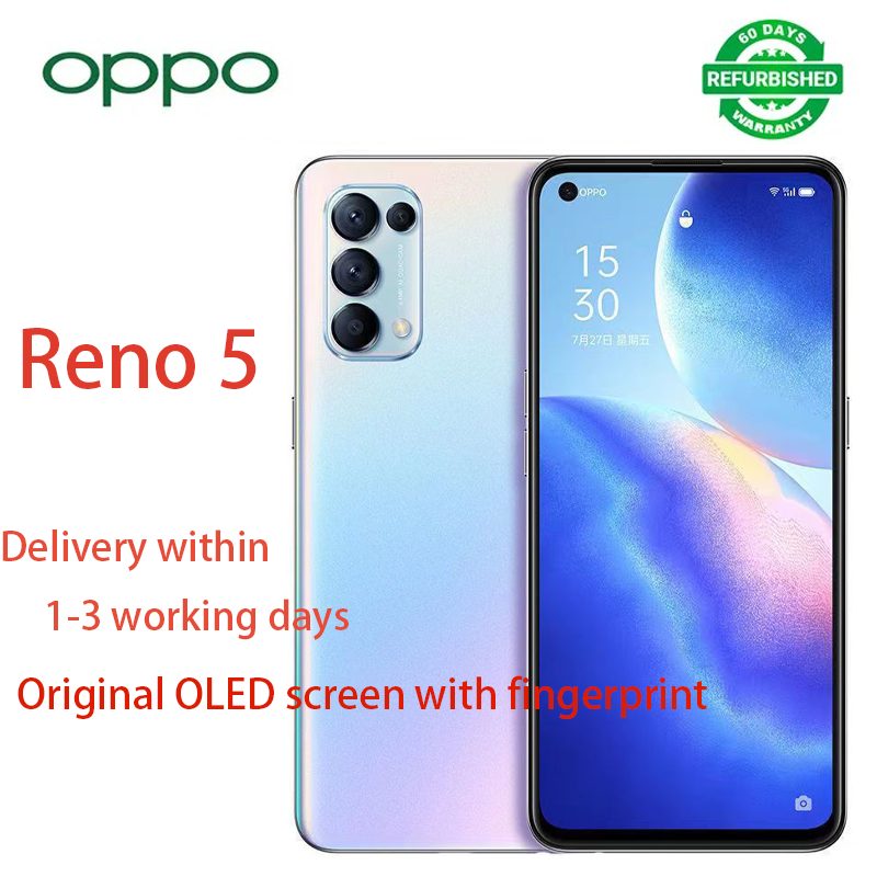 Refurbished OPPO Reno5 Reno 5 5g 6.43" original OLED screen 4300mAh 8GB+128GB, 12GB+256GB Rear Camera: 64MP Front Camera: 32MP Screen fingerprint recognition, facial recognition Smartphone