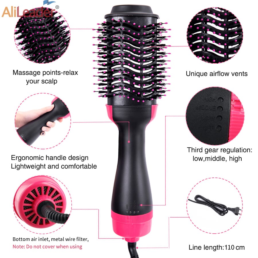 3-1 Electric home hot-air hair dryer comb/brush...Features...Blow dryer,hair curling iron rotating brush...Hair styling,...240volts,1000watts....Heating element is ceramic