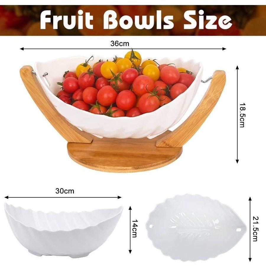High quality medium size Ceramic table top kitchen fruits bowl with Bamboo Base stand