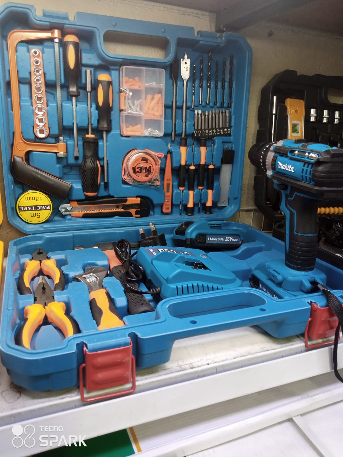 65pcs portable hard tool box with rechargeable wall drill for household and comercial