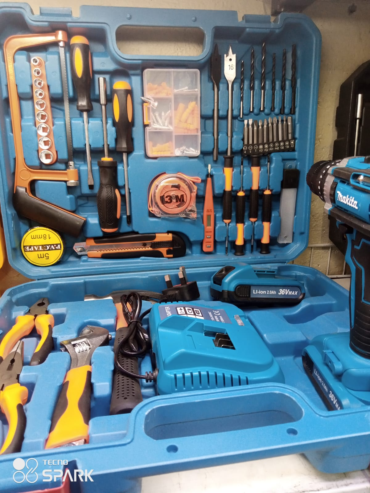 65pcs portable hard tool box with rechargeable wall drill for household and comercial