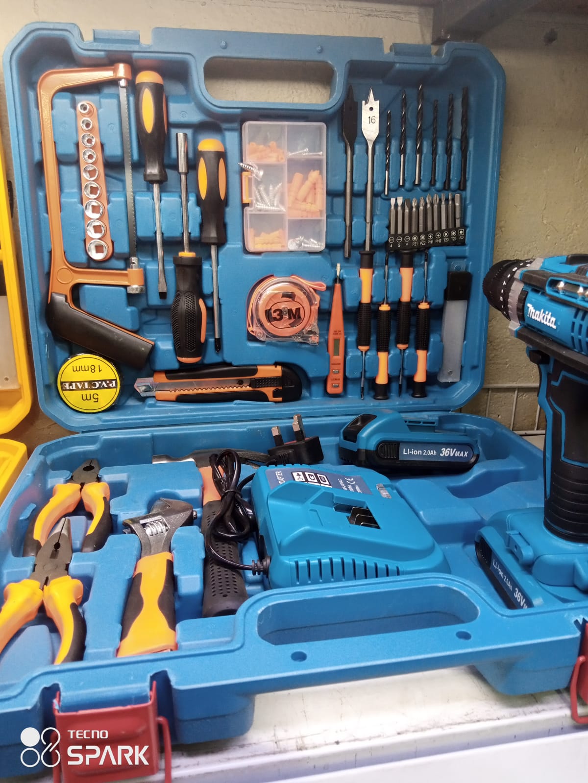65pcs portable hard tool box with rechargeable wall drill for household and comercial
