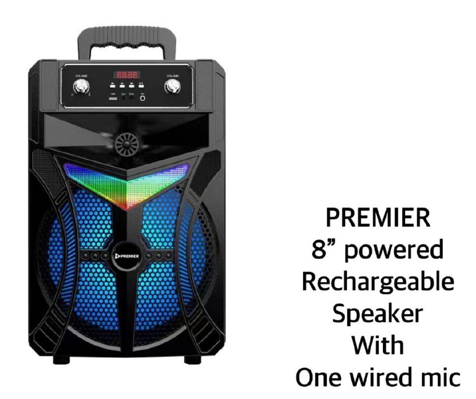 Portable Premier 8'' powered Rechargeable Base Speaker with one wired mike
