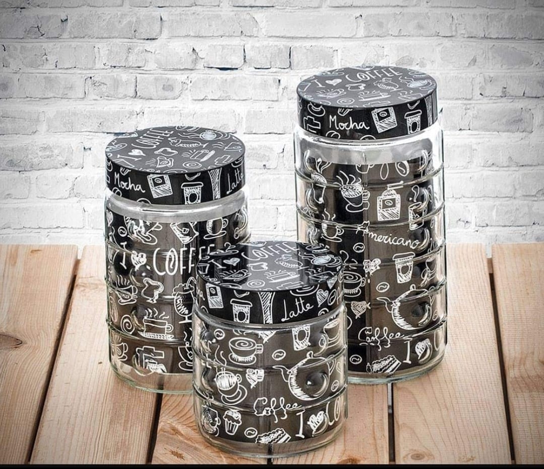3pcs set Heravin kitchen storage glass jar with screw black lid and the capacity of 1/1.35//1.7 litres