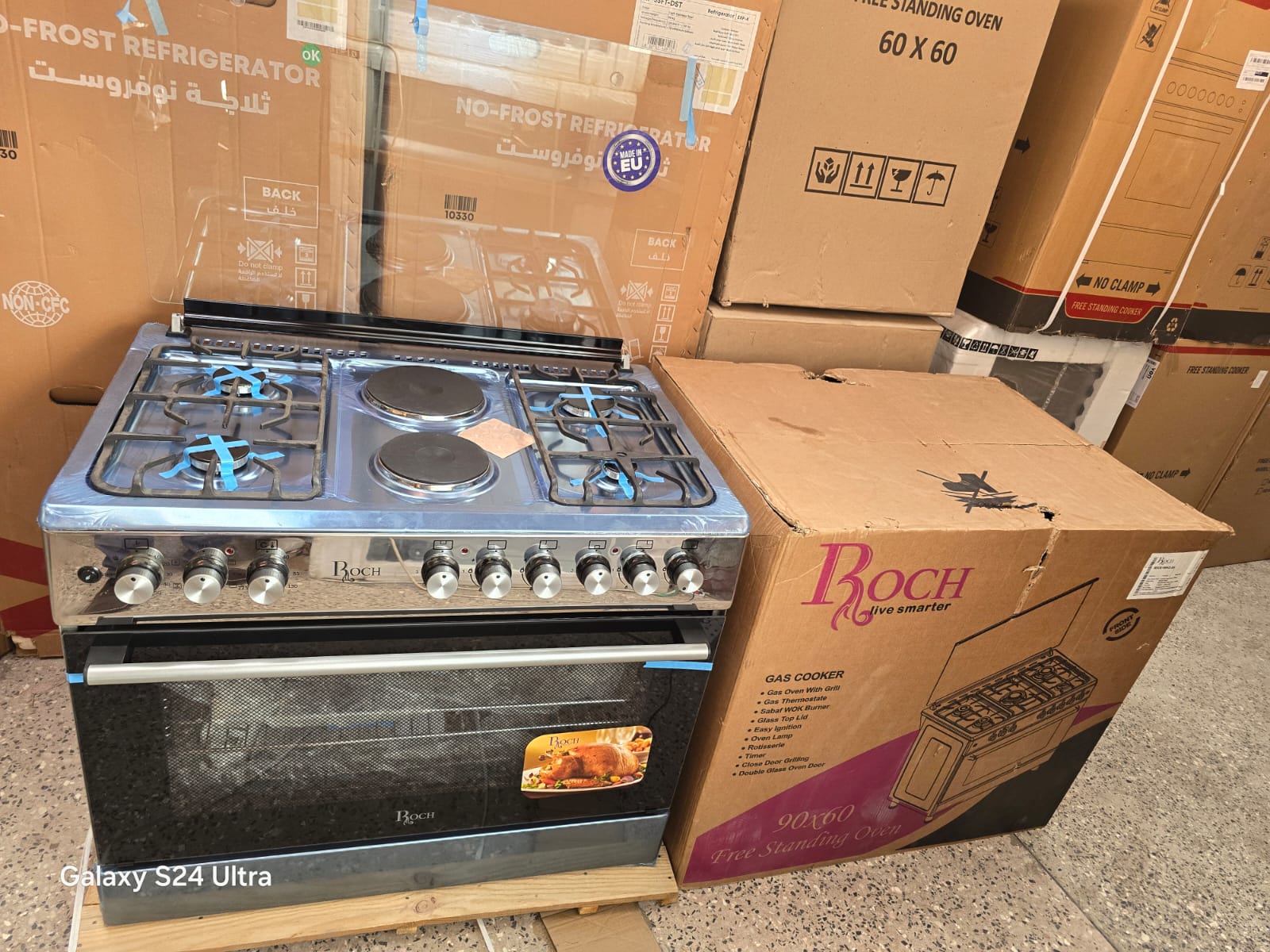 90 * 60 ROCH 4G + 2E STANDING COOKER - Glass top lid, Easy ignition, Oven lamp, Rotisserie, Timer, Close door grilling, Double glass oven door