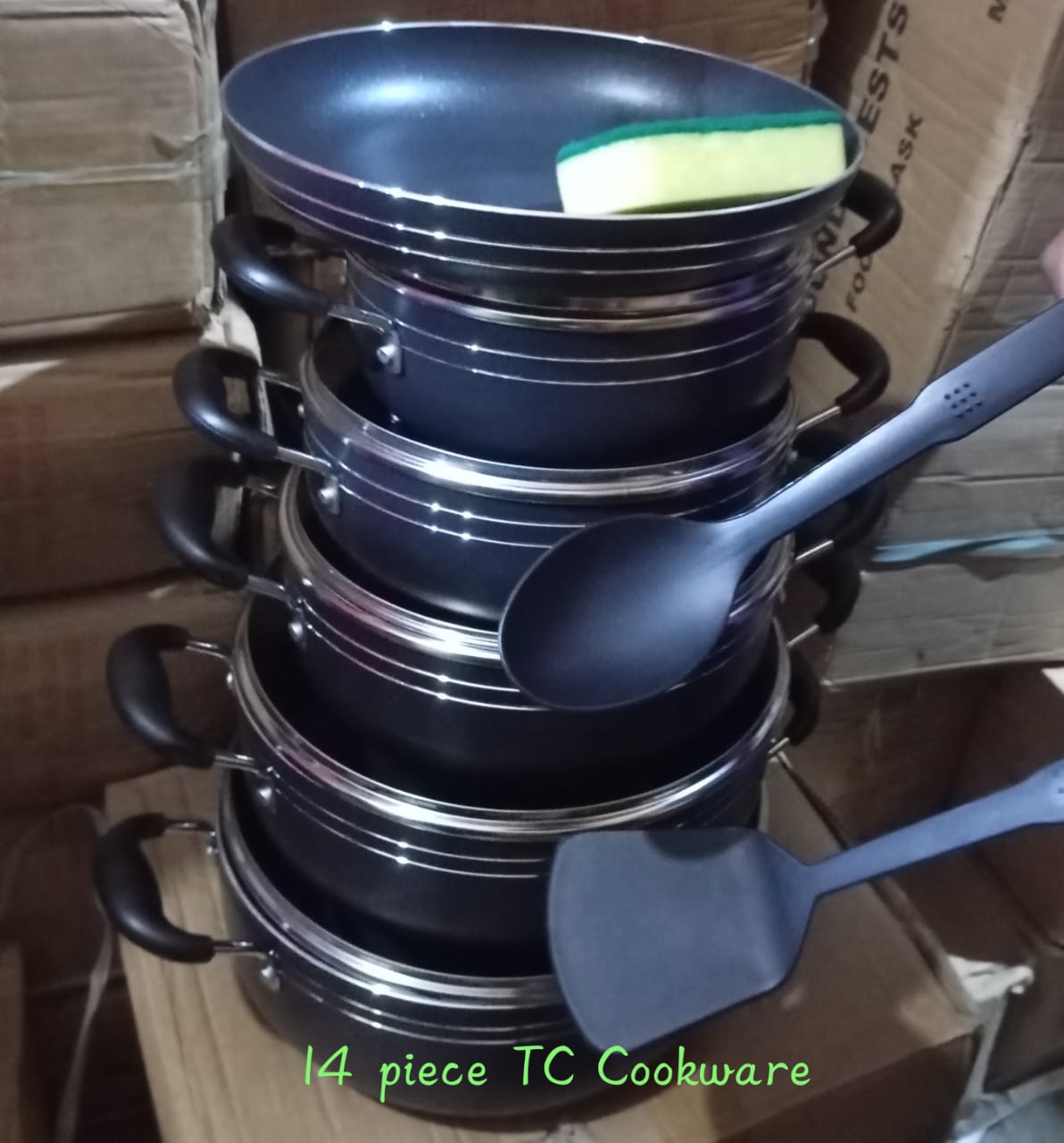 TC 14 PCS HEAVY NON STICK COOKWARE SET - Internally reinforced 2 coats technology, Specially designed bottom for better heat efficiency,Elegance look,Durable,Bakelite handles for fire resistance‎.