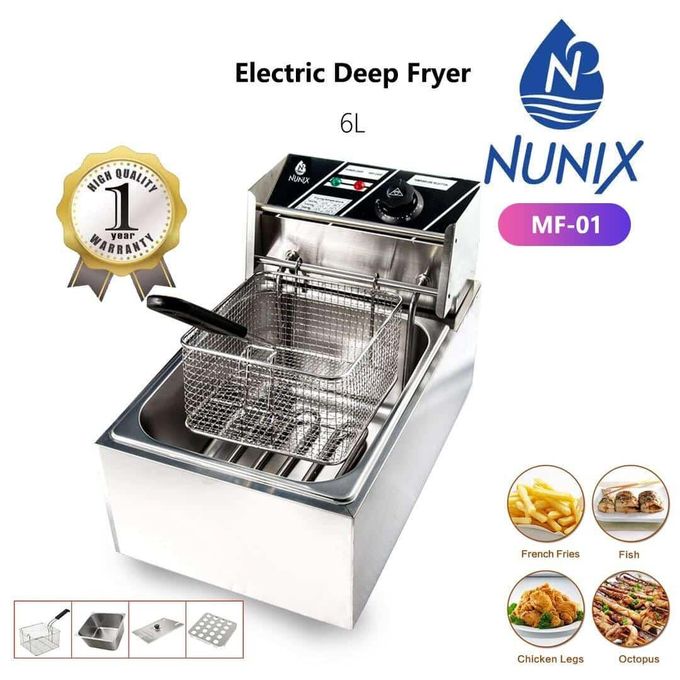 NUNIX (MF-01) 6 L SINGLE ELECTRIC DEEP FRYER MACHINE - Adjustable temperature control (60°C up to 200°C), Simple and easy to use, LED light power indicator & hot indicator