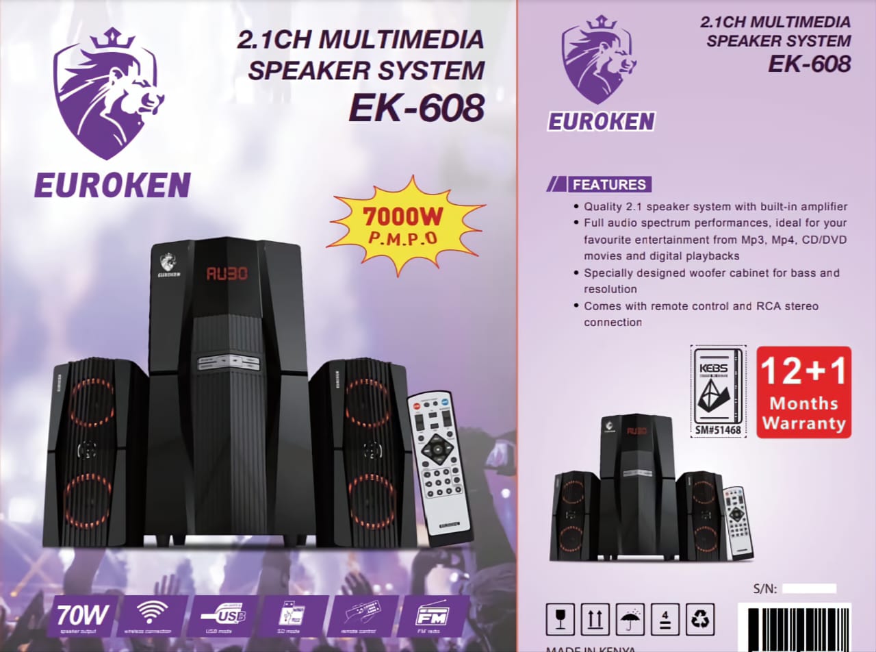 EUROKEN EK-608 2.1 CH MULTIMEDIA SPEAKER SYSTEM - Full audio spectrum perfomances, specially designed woofer cabinet for bass and resolution, comes with remote control and rca stereo connection.