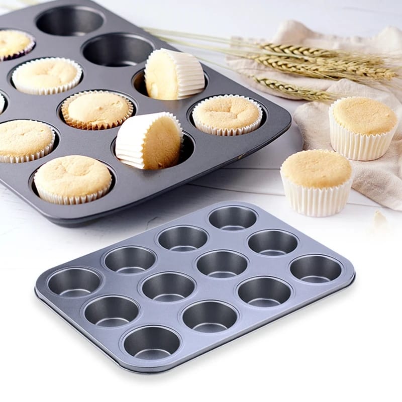 12 Holes Cup Cake Baking Tin - Made from heavy-weight carbon steel for superior heat conduction and even baking, Easy release, non-stick coating for ease of baking and cleanup .