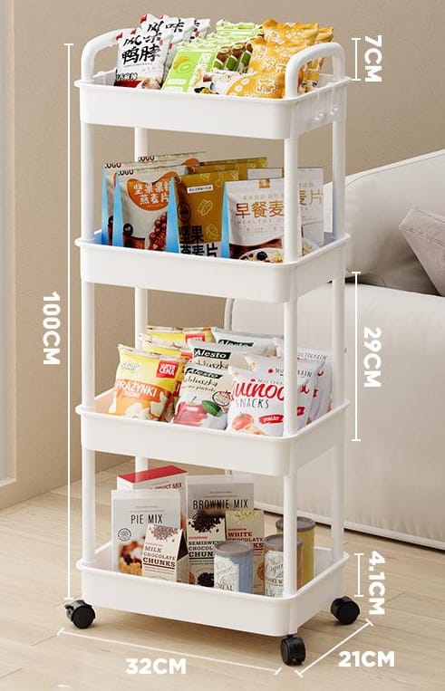 4 TIER HARD PLASTIC MULTIFUNCTIONAL STORAGE RACK -Multifunctional Storage, Space Saving with Wheels, Material: Hard Plastic, Easy to assemble
