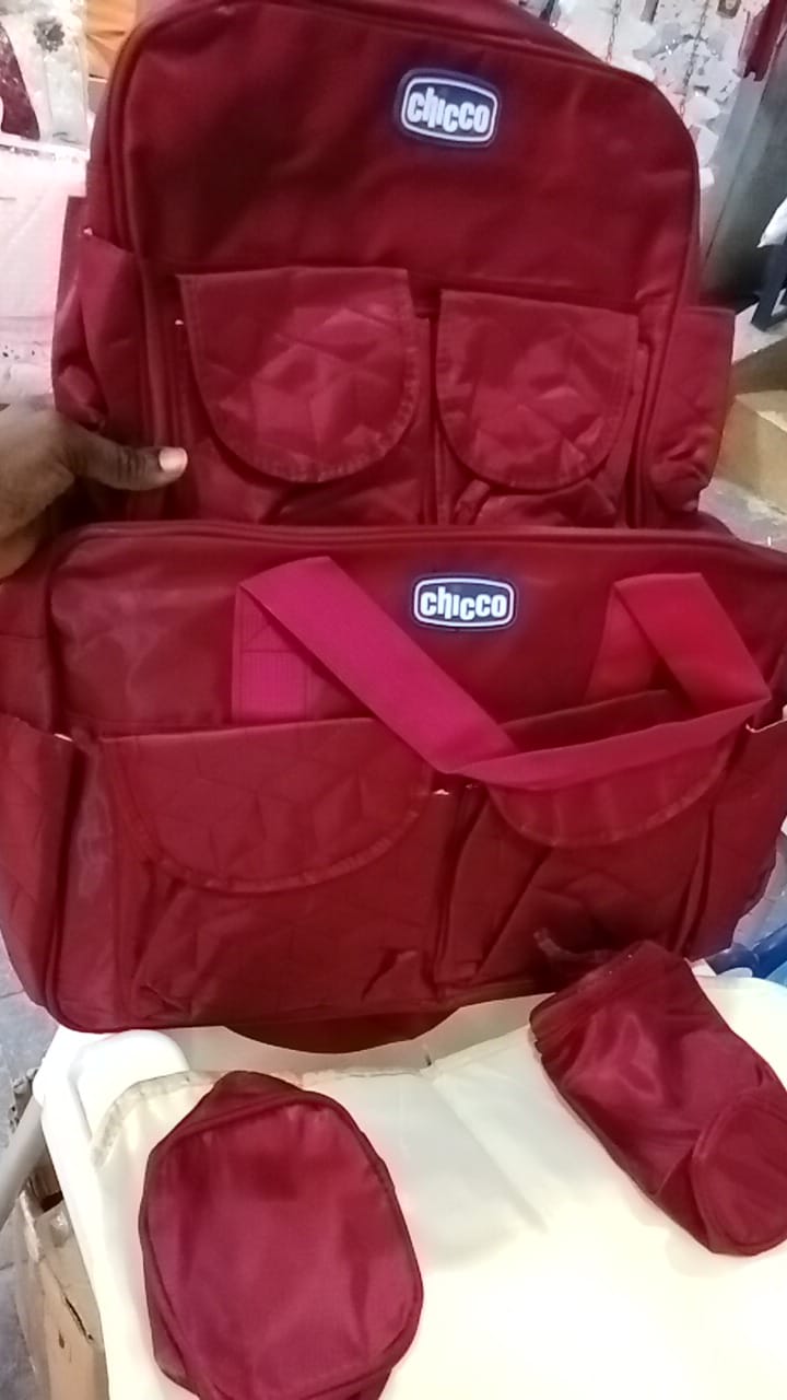 CHICCO CLASSY 5 IN 1 BABY DIAPER BAG - Contains 1 big bag, 1 Medium sized bag, 1 padded changing pad, dirty duds bag and 1 feeding bottle holder