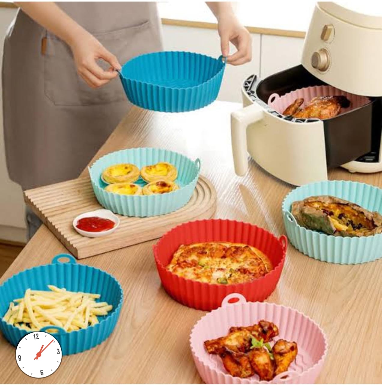 FRYER LINERS. Fryer Silicone Liners, Reusable ,Non Stick & Easy Clean Silicone Liners for Air Fryer Basket Baking Accessories,  handles on both sides for easy removal, non-stick, secure, flexible.