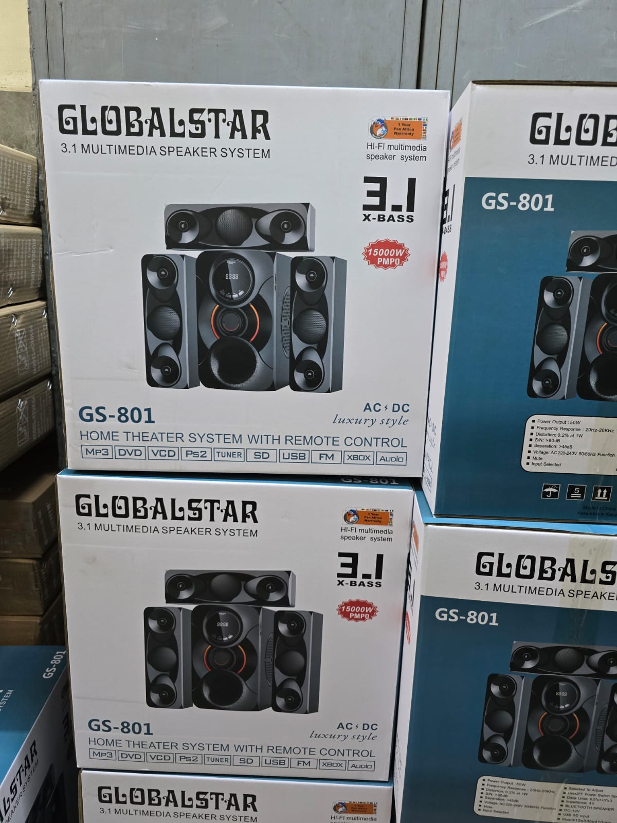 WOOFER SYSTEM. 3.1ch Globalstar home theater system with remote control woofer system, Sleek black finish, LED display, and “X-Bass” technology to enhance low frequencies for a more immersive sound.