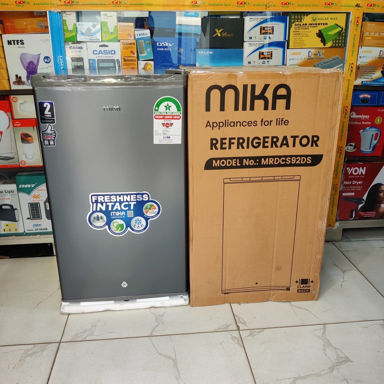 REFRIGERATOR. Mika 92L Mini Fridge Single Door, whisper-quiet compressor that is virtually undetectable when it cycles on and off. It is energy efficient and CFC free. Glass shelves - durable.
