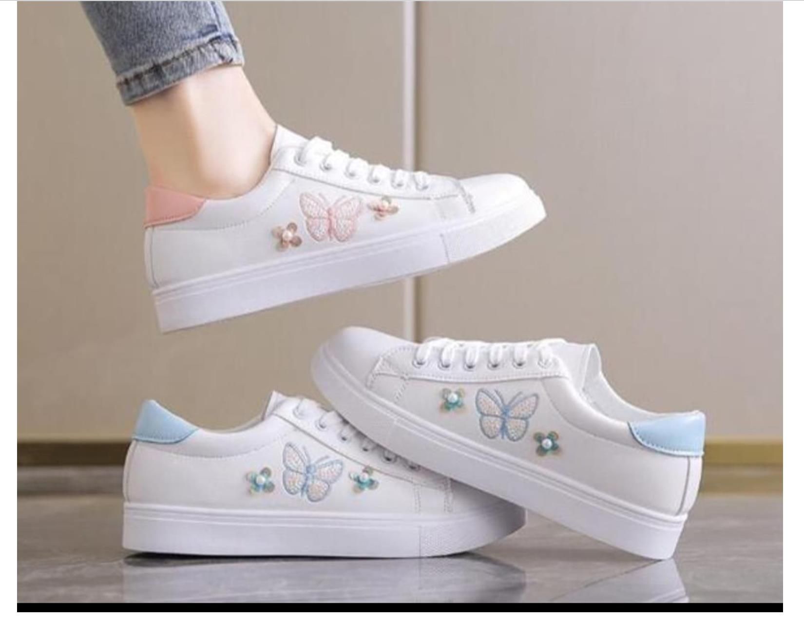 Small fitting Women's Butterfly embroidery white shoes ladies' flat shoes girls sneakers athletic students casual breathable shoes sports shoes artificial Pu leathe