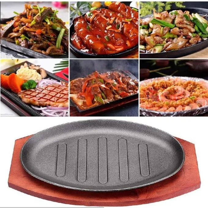 Cast Iron Hot Sizzling Plate on Wooden Tray