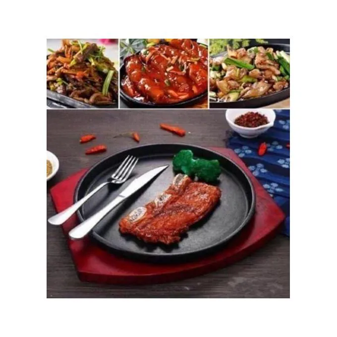 Cast Iron Hot Sizzling Plate on Wooden Tray-Round