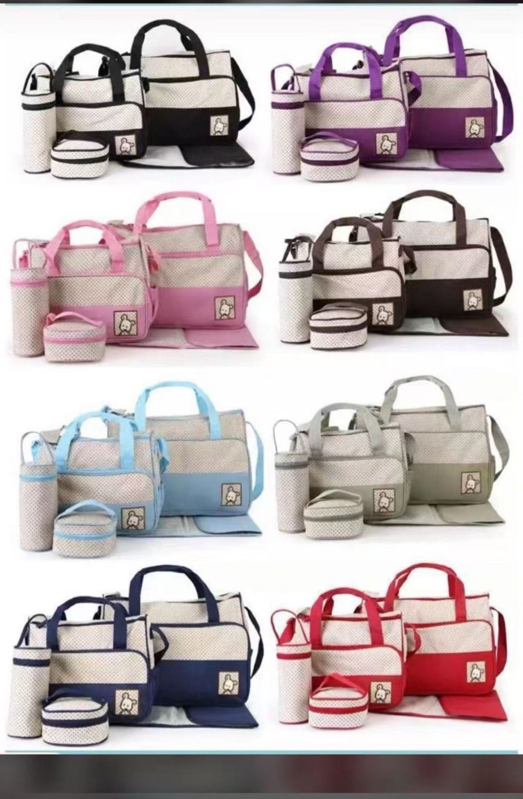 5PCS Baby Diaper Bag Set – Large Capacity Organizer with Bottle Holder, Food Bag, Nappy Pad & More | Durable, Stylish & Multi-Functional (Microfiber PVC)