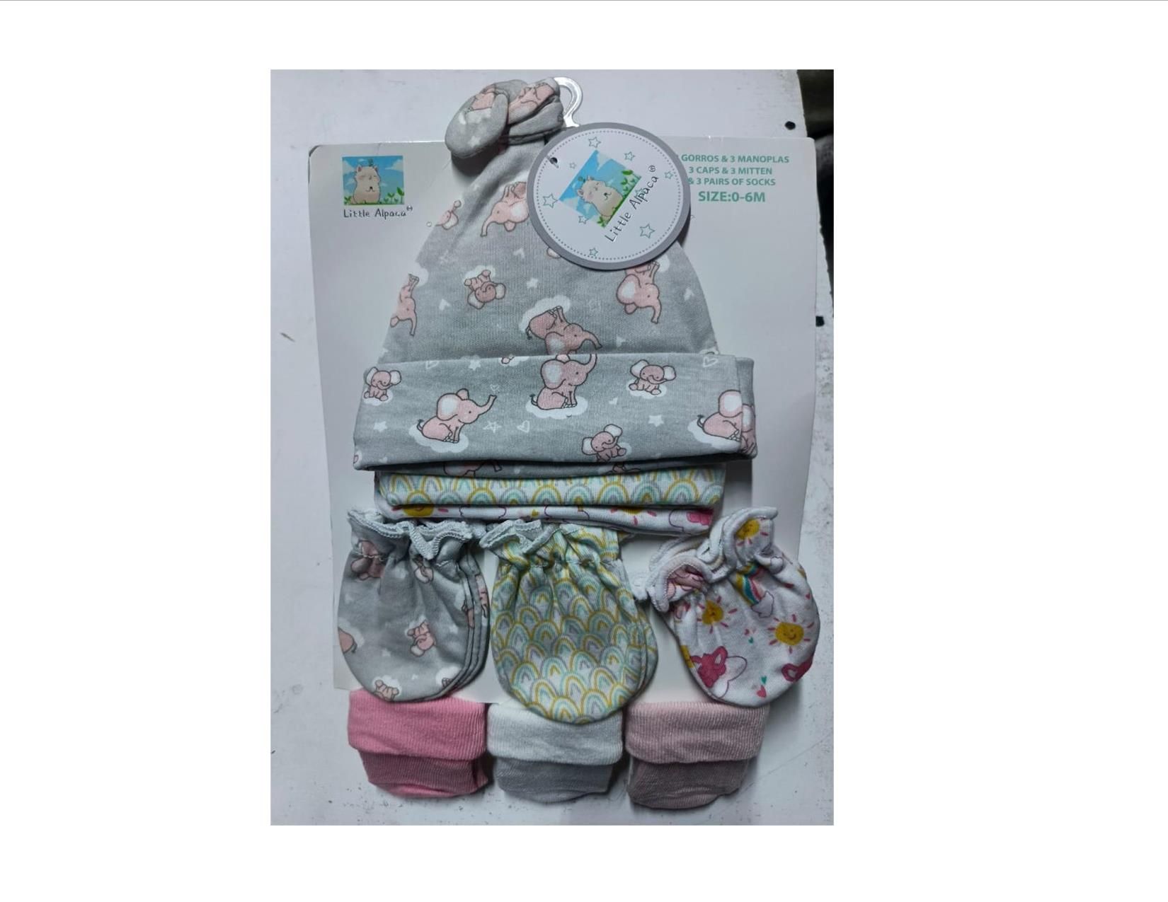3 Baby Hats, 3 Mittens and 3 Socks Set Suitable for Newborn to 6 Months Assorted Prints and Decorations
