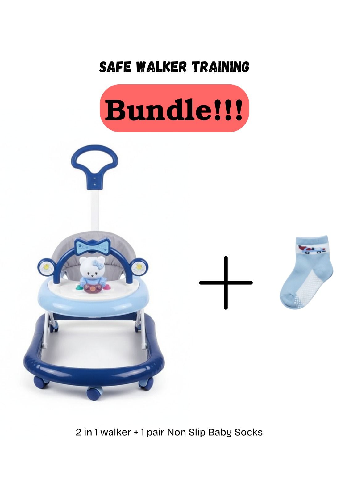 Momeasy 2-in-1 Baby Walker with Music, Toys and Push Handle – Sturdy Plastic Frame + Free Anti Slip Socks