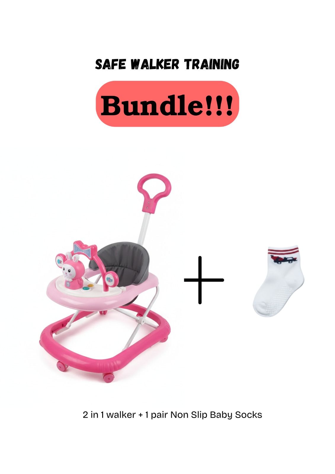 Momeasy 2-in-1 Baby Walker with Music, Toys and Push Handle – Sturdy Plastic Frame + Free Anti Slip Socks