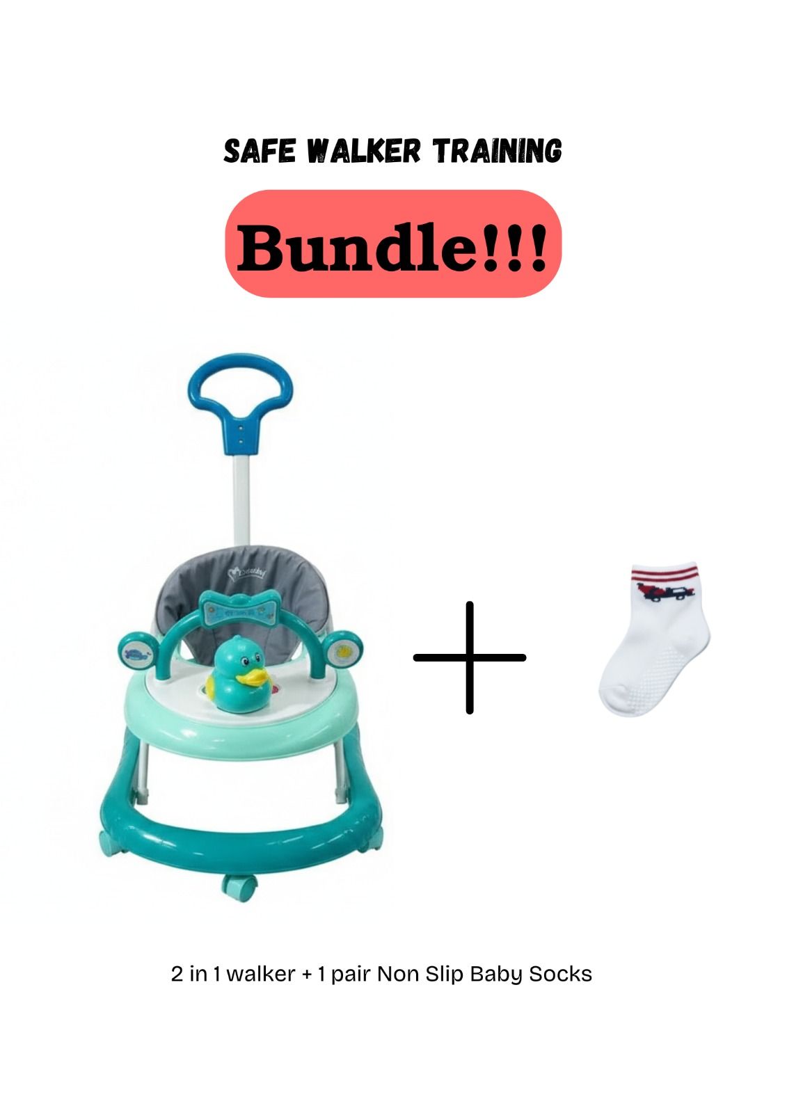 Momeasy 2-in-1 Baby Walker with Music, Toys and Push Handle – Sturdy Plastic Frame + Free Anti Slip Socks