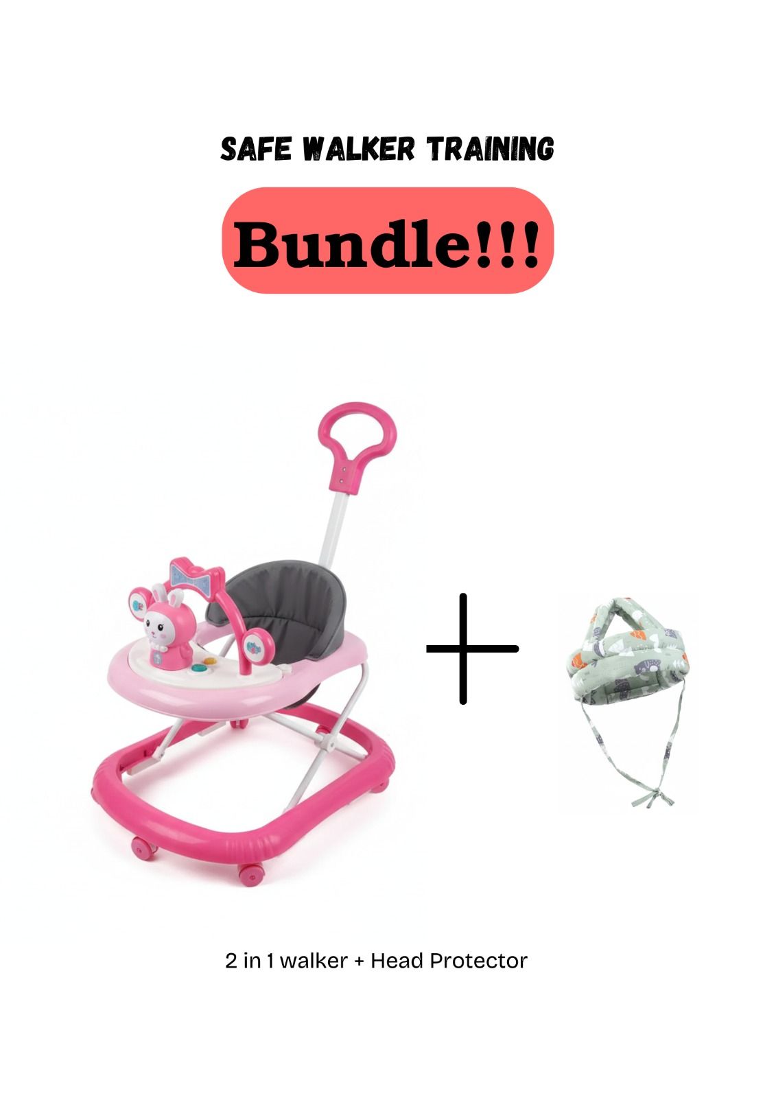 Momeasy 2-in-1 Baby Walker with Music, Toys and Push Handle – Sturdy Plastic Frame + Free Head Protector