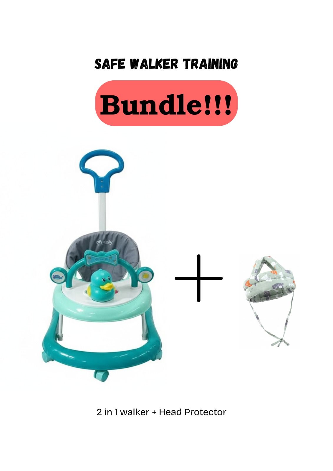 Momeasy 2-in-1 Baby Walker with Music, Toys and Push Handle – Sturdy Plastic Frame + Free Head Protector