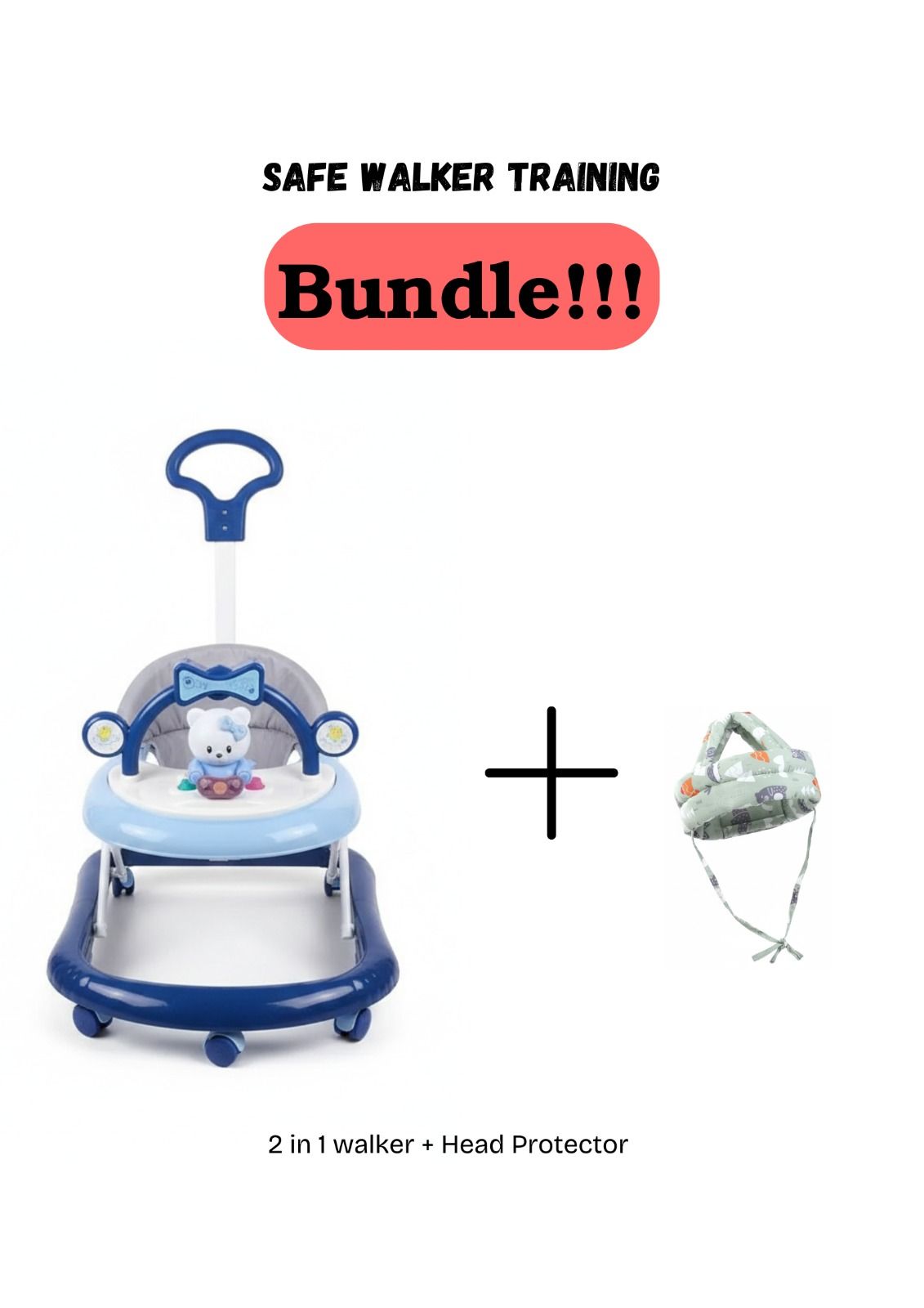 Momeasy 2-in-1 Baby Walker with Music, Toys and Push Handle – Sturdy Plastic Frame + Free Head Protector