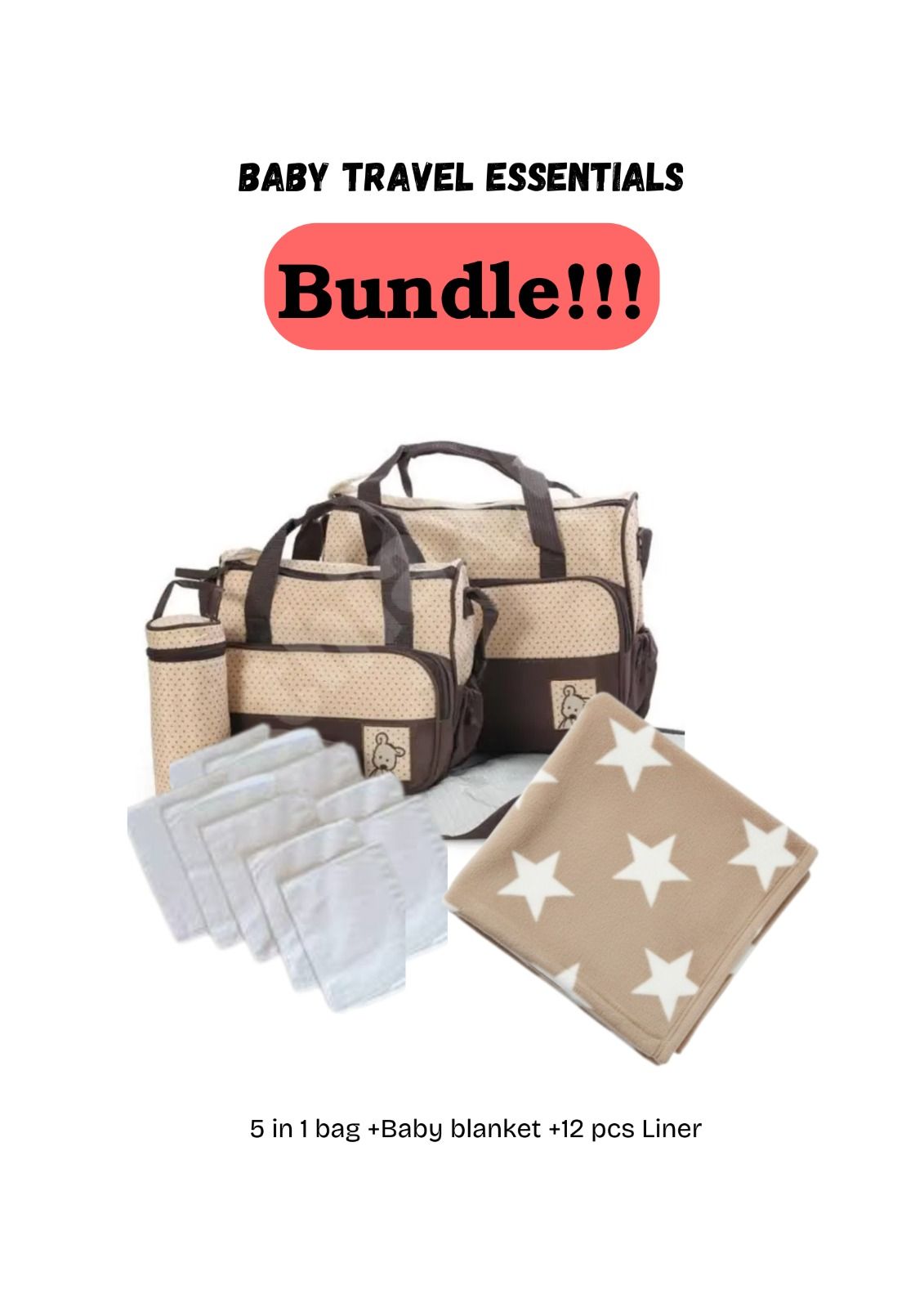 5 In 1 Baby Diaper Bag Nappy Changing Pad Travel Mummy Bag (ASSORTED PRINTS AND DECORATION) +Free  Assorted Baby Blanket+12pcs Liners