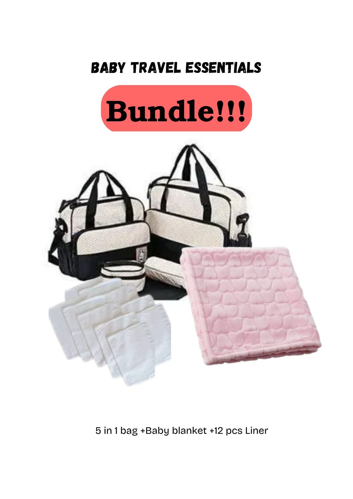 5 In 1 Baby Diaper Bag Nappy Changing Pad Travel Mummy Bag (ASSORTED PRINTS AND DECORATION) +Free  Assorted Baby Blanket+12pcs Liners
