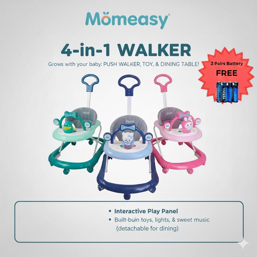 Momeasy 2-in-1 Baby Walker with Music, Toys and Push Handle – Sturdy Plastic Frame + Free Batteries