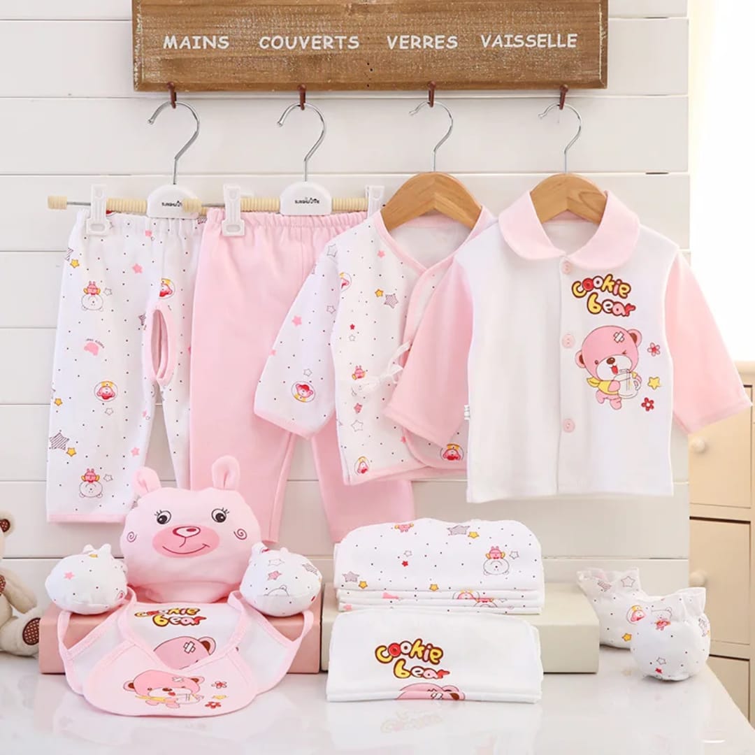 15 Pieces Cotton Newborn Receiving Set [6pcs washcloths, 2pcs bibs, 1pair mitten, 1 pair socks, 2pcs sweater round and collar neck, 2pcs Trousers and 1 Hat]