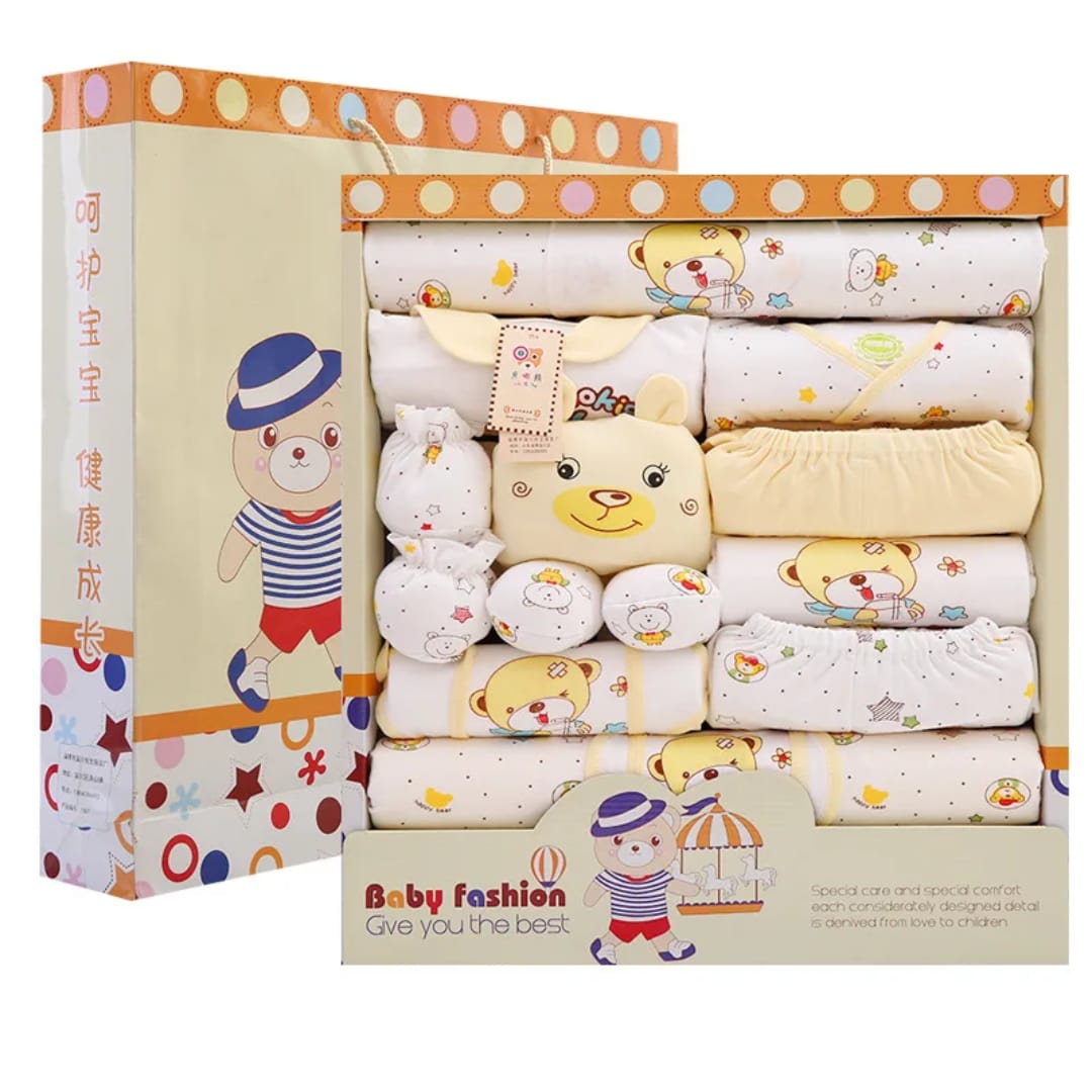 15 Pieces Cotton Newborn Receiving Set [6pcs washcloths, 2pcs bibs, 1pair mitten, 1 pair socks, 2pcs sweater round and collar neck, 2pcs Trousers and 1 Hat]