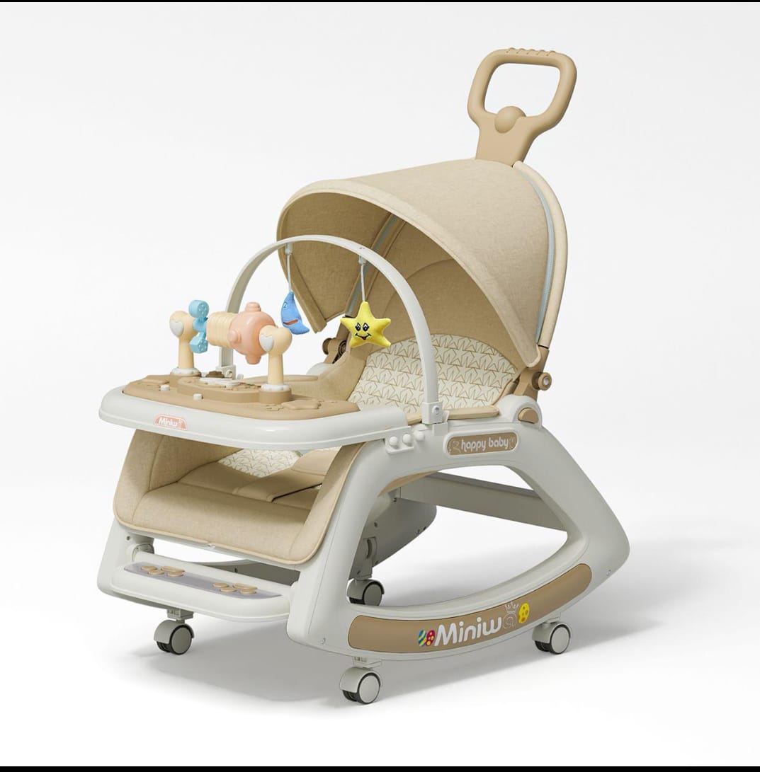 5 in 1 Baby Rocker; Seat mode, Rocking chair, Dining chair, Cart mode and Stroller mode.It's musical Suitable from newborn to 3yrs