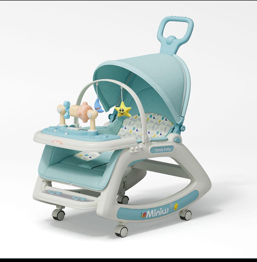 5 in 1 Baby Rocker; Seat mode, Rocking chair, Dining chair, Cart mode and Stroller mode.It's musical Suitable from newborn to 3yrs