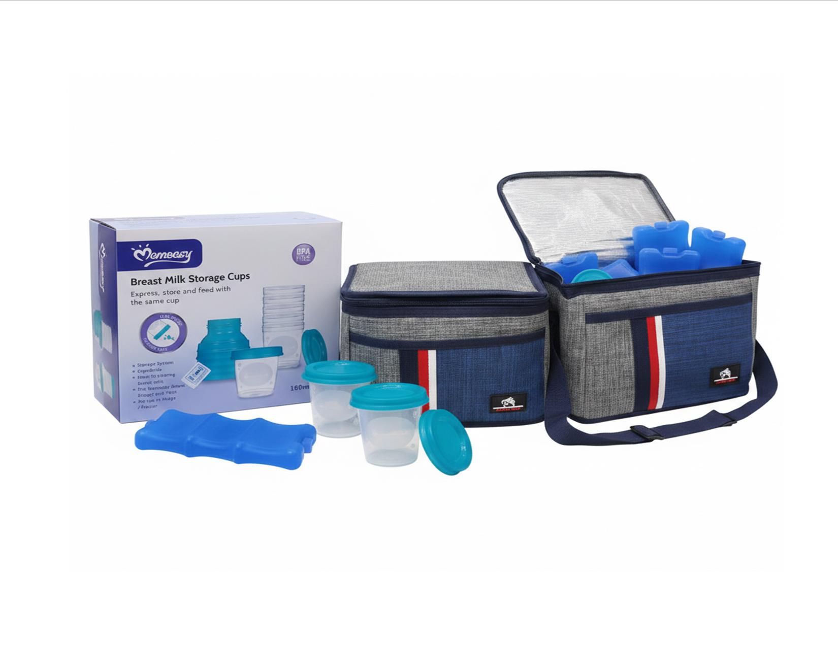 Insulated Lunch/ Milk bag +2pc Ice Bottle+ 6pc 180ml Milk Storage Containers for carrying milk after expressing/ pumping to keep it safe for long when traveling