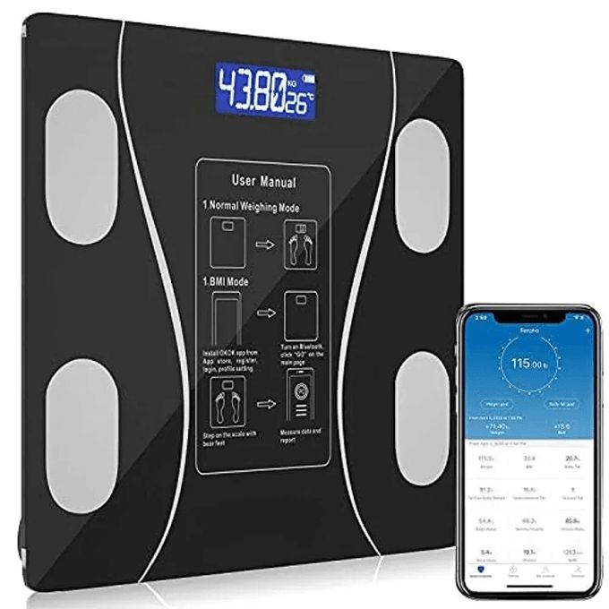 Wireless Intelligent Digital Bathroom Tempered Glass Platform BMI Scale, Body Fat Scale, Body Composition Analyzer with Smartphone Application and Bluetooth