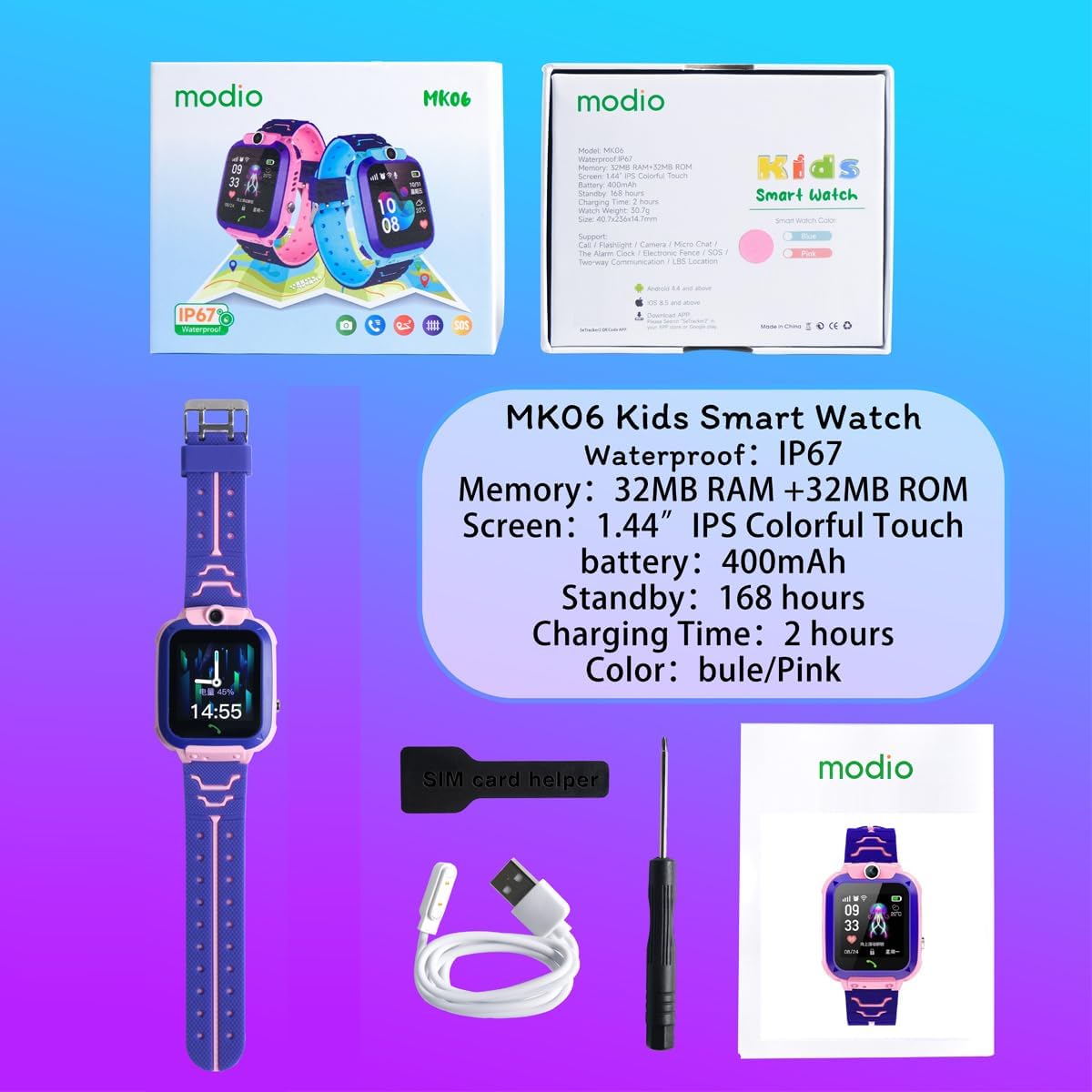 Modio MK06 1.44 inch Kids Smart Watch With IP67 Waterproof Camera and Sim Card Slot